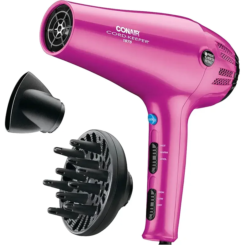 Conair Hair Dryer with Retractable Cord, 1875W Blow Dryer, 3 Heat Settings, 2 Speeds, Blow Dryer with Diffuser and Concentrator Attachments, Ionic + Tourmaline Technology, Pink