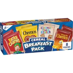 General Mills Cereal Variety Pack, Lucky Charms, Cinnamon Toast Crunch, Cheerios, and Honey Nut Cheerios, 8 Single Serve Pouches, 9.14 oz