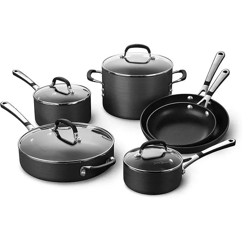 Calphalon 10-Piece Non-Stick Kitchen Cookware Set Black Pots & Pans with Stay-Cool Stainless Steel Handles Hard-Anodized Aluminum for Even Heating