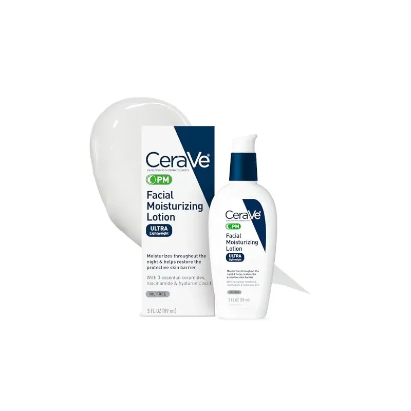 CeraVe PM Facial Moisturizing Lotion, Night Cream with Hyaluronic Acid and Niacinamide, Ultra-Lightweight, Oil-Free Moisturizer for Face, 3 Ounce