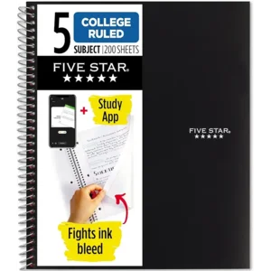 Five Star Spiral Notebook + Study App, 5 Subject, College Ruled Paper, 8-1/2" x 11", 200 Sheets, Fights Ink Bleed, Water Resistant Cover, Black (72081)