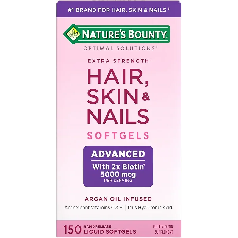 Nature's Bounty Advanced Hair, Skin & Nails, Argan-Infused Vitamin Supplement with Biotin and Hyaluronic Acid, 150 Rapid Release Softgels, 50 Total Servings