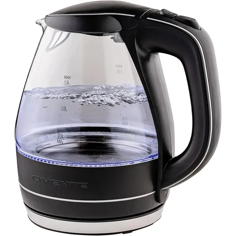 OVENTE Electric Kettle, 1.5L Borosilicate Glass Countertop Water Heater and Boiler for Coffee or Tea, BPA-Free, Auto Shut-Off, Boil-Dry Protection, Removable and Washable Spout Filter, Black KG83B