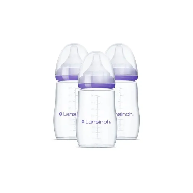 Lansinoh Anti-Colic Baby Bottles for Breastfeeding Babies, 8 Ounces, 3 Count, Includes 3 Medium Flow Nipples, Size M