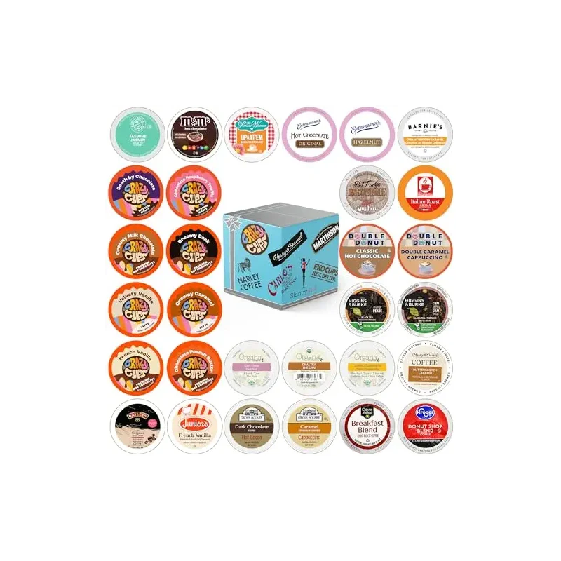 Variety Pack of Coffee, Tea, Hot Chocolate and Cappuccino, Sampler of Single Serve Coffee, Tea, Hot Cocoa and Cappuccino Pods for Keurig K Cups Machines, 30 Pack - No Duplicates