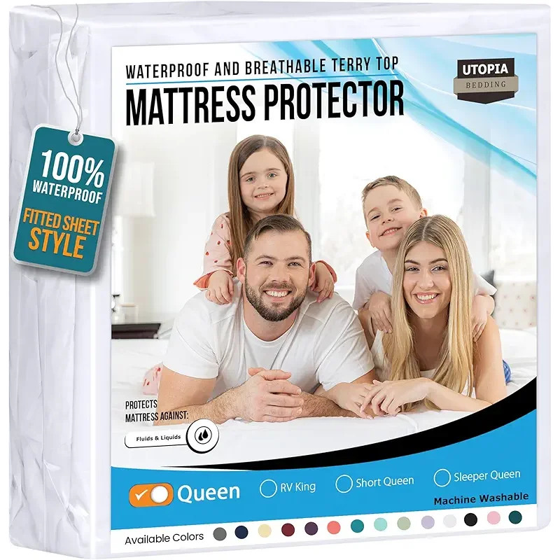 Utopia Bedding Waterproof Mattress Protector Queen Size, Premium 200 GSM Terry Mattress Cover, Soft & Breathable Bed Cover, Fitted Sheet Style with Stretchable Deep Pockets 17" (White)