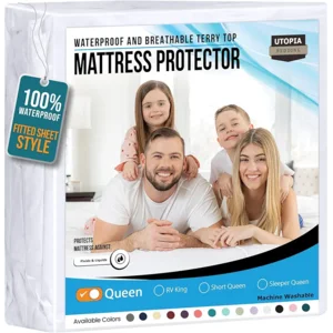 Utopia Bedding Waterproof Mattress Protector Queen Size, Premium 200 GSM Terry Mattress Cover, Soft & Breathable Bed Cover, Fitted Sheet Style with Stretchable Deep Pockets 17" (White)