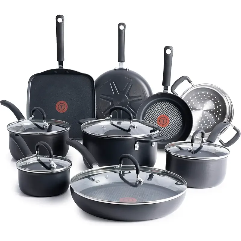 T-fal Ultimate Hard Anodized Nonstick Cookware Set 14 Piece, Oven Broiler Safe 400F, Lid Safe 350F, Kitchen Cooking Set w/Fry Pans, Saucepans, Griddle, Dutch Oven, Pots & Pans, Dishwasher Safe, Black