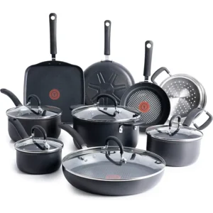 T-fal Ultimate Hard Anodized Nonstick Cookware Set 14 Piece, Oven Broiler Safe 400F, Lid Safe 350F, Kitchen Cooking Set w/Fry Pans, Saucepans, Griddle, Dutch Oven, Pots & Pans, Dishwasher Safe, Black