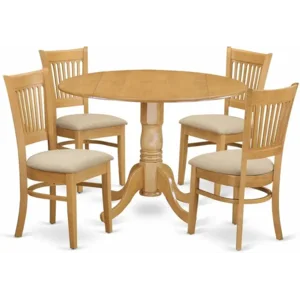 East West Furniture DLVA5-OAK-C 5 Piece Kitchen Table & Chairs Set Includes a Round Dining Room Table with Dropleaf and 4 Linen Fabric Upholstered Chairs, 42x42 Inch, Oak