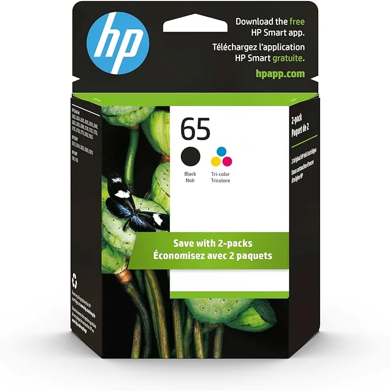 HP 65 Black/Tri-color Ink Cartridges for HP Printers (2-pack) | Works with Printer Series: AMP 100, DeskJet 2600, 3700, ENVY 5000 | Eligible for Instant Ink | T0A36AN