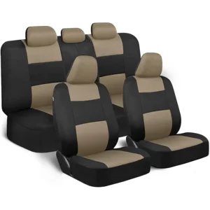 BDK PolyPro Seat Covers Full Set in Beige on Black – Front and Rear Split Bench Seat Covers for Cars, Easy to Install , Car Accessories for Auto Trucks Van SUV
