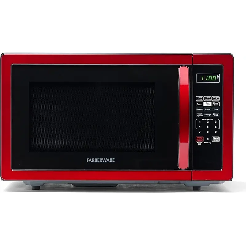 Farberware 1.1 Cu. Ft. Countertop Microwave Oven – 1000 Watts Power, Auto Cook Settings, Defrost, Easy Clean and Child Safety Lock - Metallic Red
