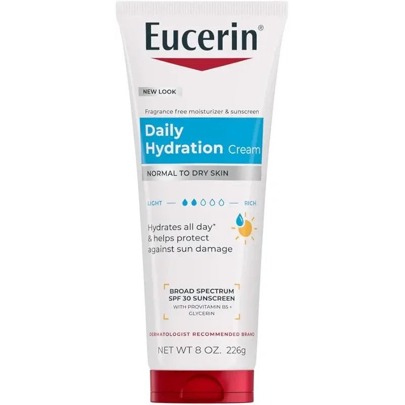 Eucerin Daily Hydration Broad Spectrum SPF 30 Sunscreen Body Cream for Dry Skin, Fragrance Free Sunscreen Moisturizer, 8 Oz Tube