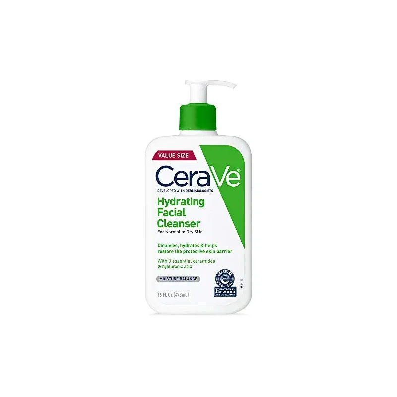 CeraVe Hydrating Facial Cleanser, Moisturizing Face Wash For Dry Skin, Hyaluronic Acid + Ceramides + Glycerin, Hydrating Cleanser For Normal To Dry Skin, National Eczema Association Certified