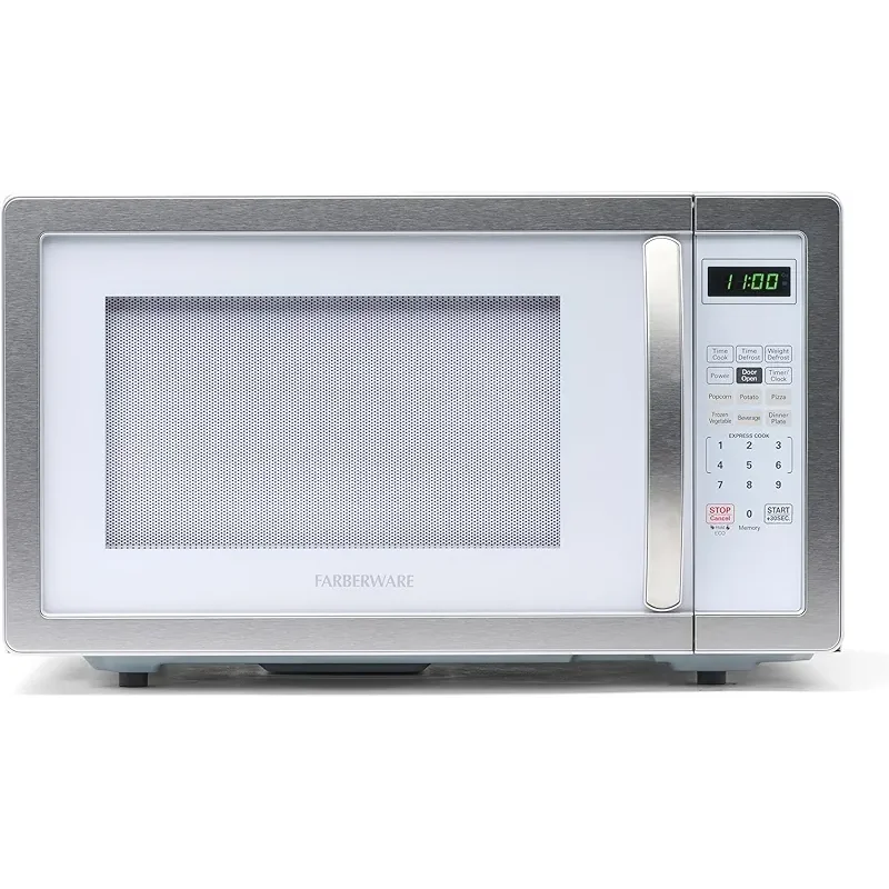 Farberware 1.1 Cu. Ft. Countertop Microwave Oven – 1000 Watts Power, Auto Cook Settings, Defrost, Easy Clean and Child Safety Lock - White Platinum