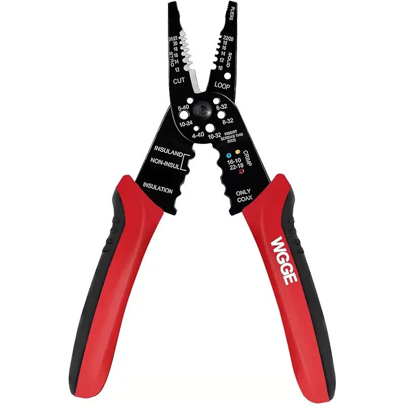WGGE WG-015 Professional 8-inch Wire Stripper/Crimping Tool, Cable Cutter/Crimper, Wiring and Multi-Function Hand Tool, Red With Black