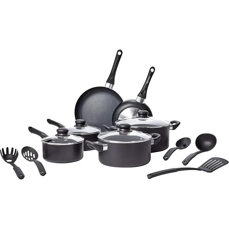 Amazon Basics Non Stick Kitchen Cookware 15-Piece Set, Non-Induction, Includes Pots, Pans, and Utensils, Black