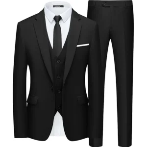 WULFUL Men’s Slim Fit Suit One Button 3-Piece Blazer Dress Business Wedding Party Jacket Vest & Pant