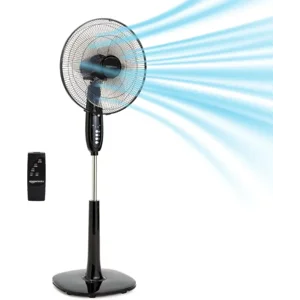 Amazon Basics 16" Pedestal Fan with Remote, Floor Fan, Standing Fan for Bedroom, Living Room, Office, with 3 Speeds, 3 Modes, Timer, Dual-Layered Blades, Adjustable Height, Tilt Head, 60W, Black