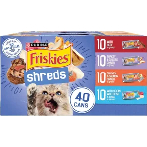 Purina Friskies Wet Cat Food Variety Pack, Shreds With Beef, Turkey and Cheese Dinner, Chicken and Salmon Dinner, and With Ocean Whitefish and Tuna - (Pack of 40) 5.5 oz. Cans