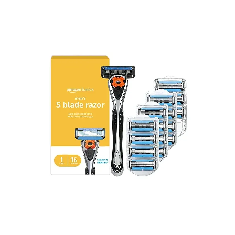 Amazon Basics 5-Blade MotionSphere Men's Razor with Dual Lubrication and Precision Trimmer, 17 Piece Set, 1 Handle & 16 Cartridges, Black