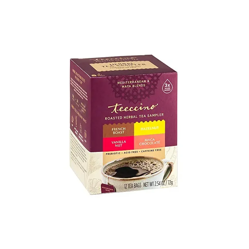 Teeccino Herbal Tea Sampler Assortment - 12 Tea Bags - Maca Chocolaté, French Roast, Hazelnut, Vanilla Nut - Roasted Caffeine Free Herbal Tea, Prebiotic for Natural Energy