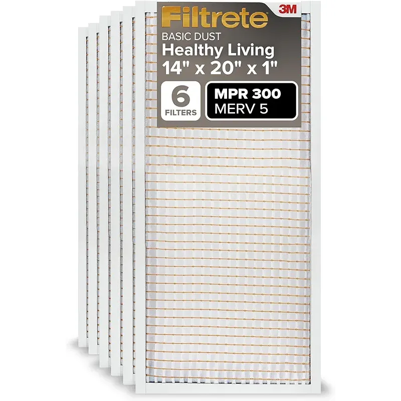 Filtrete 14x20x1 AC Furnace Air Filter MERV 5 MPR 300 Capture Unwanted Particles 3-Month Pleated 1-Inch Electrostatic Air Cleaning Filter, 6-Pack (Actual Size 13.81x19.81x0.81 in)