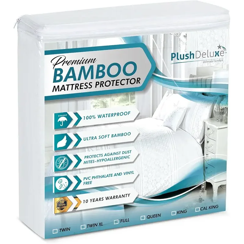 PlushDeluxe Premium Bamboo Mattress Protector – Queen Size, Waterproof, & Ultra Soft Breathable Noiseless Washable Bed Mattress Cover for Comfort & Protection - White