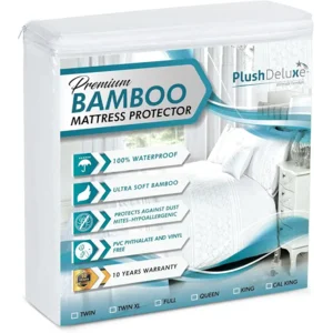 PlushDeluxe Premium Bamboo Mattress Protector – Queen Size, Waterproof, & Ultra Soft Breathable Noiseless Washable Bed Mattress Cover for Comfort & Protection - White