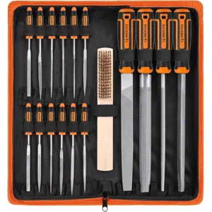 REXBETI 25Pcs Metal File Set, Premium Grade T12 Drop Forged Alloy Steel, Flat/Triangle/Half-round/Round Large File and 12pcs Needle Files with Carry Case, 6pcs Sandpaper, Brush, A Pair Working Gloves