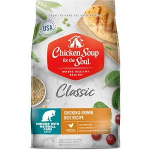Chicken Soup for The Soul All Natural Premium Indoor w/Hairball Care Adult Dry Cat Food, Real Meat First Ingredient, No by-Products, Supports Intestinal Health, Chicken & Brown Rice, 12lb