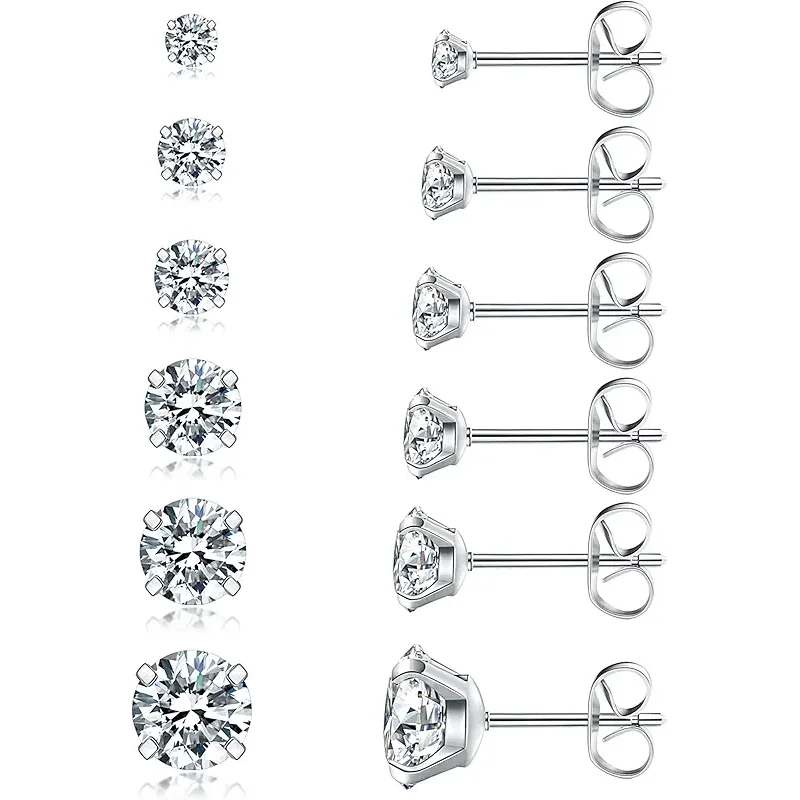 6 Pairs Stud Earrings Set, Hypoallergenic Cubic Zirconia 316L Earrings Stainless Steel CZ Earrings 3-8mm (Steel color)