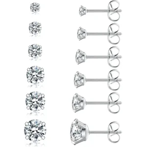 6 Pairs Stud Earrings Set, Hypoallergenic Cubic Zirconia 316L Earrings Stainless Steel CZ Earrings 3-8mm (Steel color)