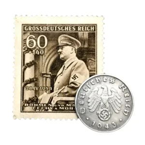 WWII Germany Coin & Stamp Set – Authentic 1 Reichspfennig Zinc Coin (1940-1944) & 1944 Bohmen und Mahren Stamp – Rare WWII Collectible