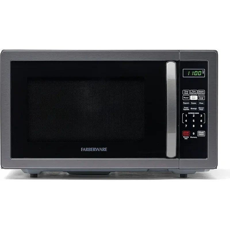 Farberware 1.1 Cu. Ft. Countertop Microwave Oven – 1000 Watts Power, Auto Cook Settings, Defrost, Easy Clean and Child Safety Lock - Stainless and Black