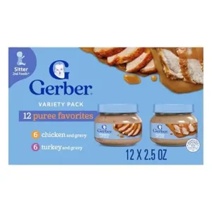 Gerber Stage 2 Baby Food, Chicken & Turkey Variety Pack Jars, Mealtime Poultry Puree, Baby Food Puree,12-Pack