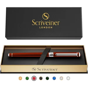 Scriveiner Deep Crimson Red Rollerball - Stunning Red Lacquer Luxury Pen with Chrome Finish, Schmidt Ink Refills, Roller Ball Pen Gift Set for Men & Women, Professional, Executive, Office, Nice Pens
