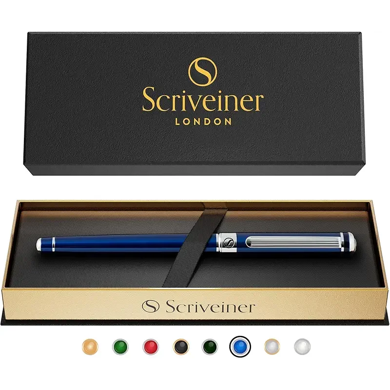 Scriveiner Midnight Blue Rollerball Pen - Stunning Blue Lacquer Luxury Pen, Chrome Finish, Schmidt Ink Refills, Men & Women, Professional, Executive Office, Nice Pen