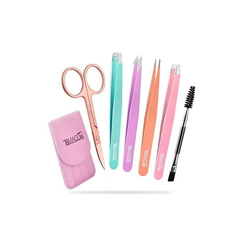 TsMADDTs 6 PCS Tweezers Set for Women, Eyebrow Tweezers with Curved Scissor for Ingrown Hair, Hair Plucking Daily Beauty Tools with Leather Travel Case