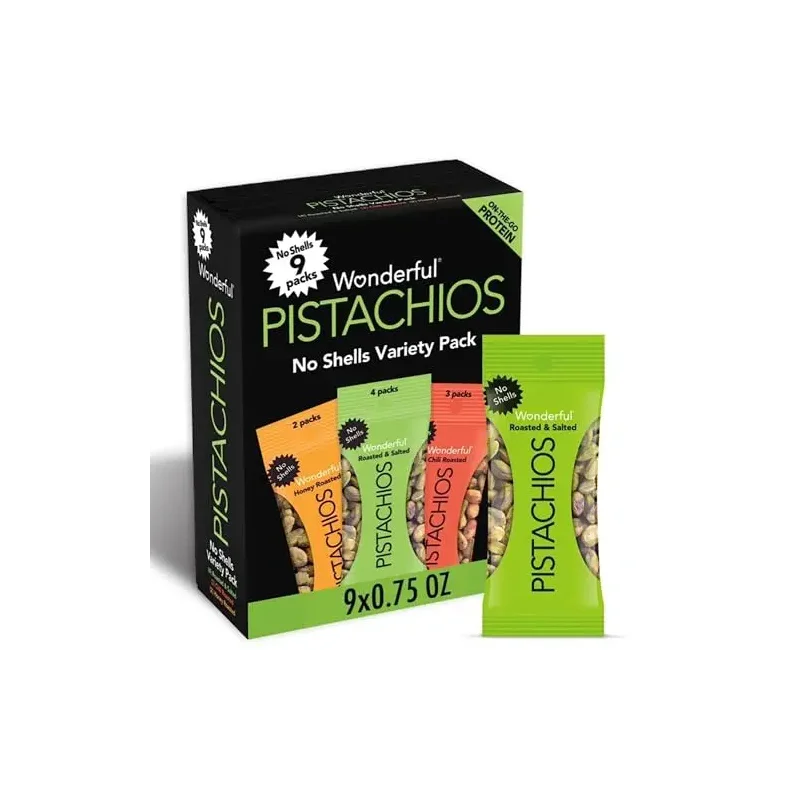 Wonderful Pistachios No Shells, 3 Flavors Mixed Variety Pack of 9 (0.75 Ounce), Roasted & Salted Nuts (4), Chili (3), Honey (2), Protein Snacks, Gluten Free, Healthy Snacks Variety Pack for Adults, Stocking Stuffers