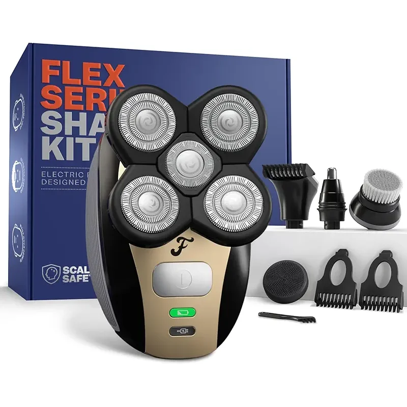 Freebird FlexSeries Electric Head & Body Hair Shaver - Mens Cordless Rechargeable Wet/Dry Skull Bald Head Back & Groin Waterproof Razor with Rotary Blades, Clippers, Nose Trimmer, Brush, Massager