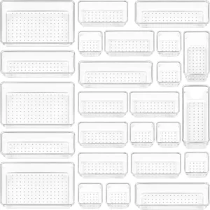 Vtopmart 25 PCS Clear Plastic Drawer Organizers Set, 4-Size Versatile Bathroom and Vanity Drawer Organizer Trays, Storage Bins for Makeup, Bedroom, Kitchen Gadgets Utensils and Office