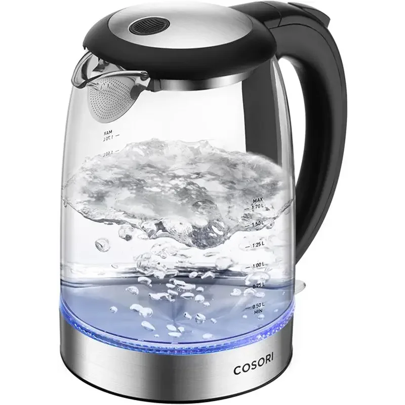Cosori Electric Kettle, No Plastic Filter & Spout, 1.8Qt Tea Kettle & Hot Water Boiler For Coffee & Tea, Water Heater & Teapot, Automatic Shut Off, Borosilicate glass, Black, 1500W