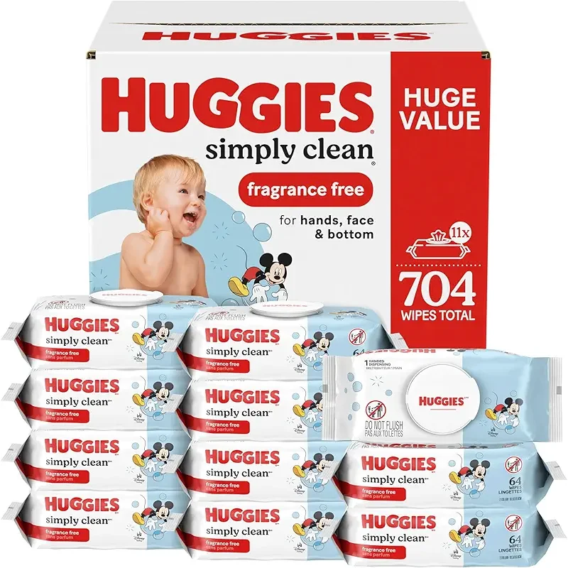Huggies Simply Clean Unscented Baby Diaper Wipes, 11 Flip-Top Packs (704 Wipes Total), Packaging May Vary
