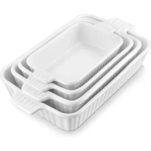 MALACASA Casserole Dishes for Oven, Porcelain Baking Dishes, Ceramic Bakeware Sets of 4, Rectangular Lasagna Pans Deep with Handles for Baking Cake Kitchen, White (9.4"/11.1"/12.2"/14.7"), Series