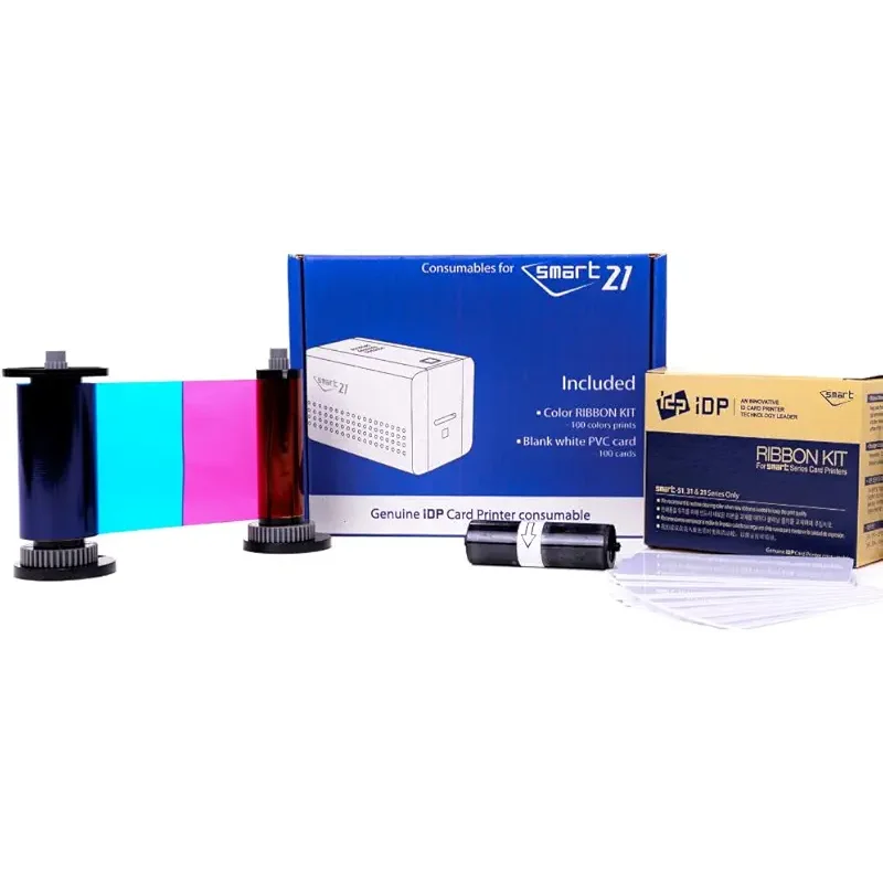 IDP Genuine SMART-21 YMCKO Consumables Kit with 1ea Color 100-Print Ink Ribbon, 100 Primus PVC Cards, and Cleaning Roller (not Compatible with IDP Solid Brand Products)