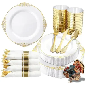 Nervure 350PCS Gold Plastic Plates - Gold Plastic Dinnerware Sets for 50 Guests - 100 Disposable Plates, 150 Silverware, 50 Cups, 50 Napkins for Wedding & Party & Thanksgiving