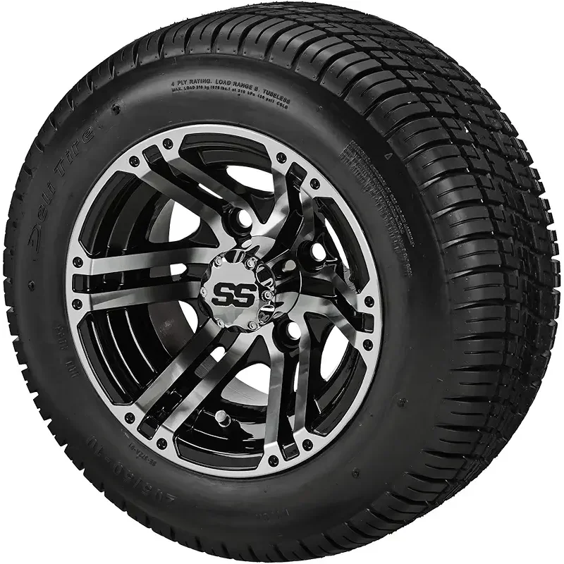 RM Cart 10" Yukon Black/Machined on 205/50-10 Deli Tires (Set of 4) | Golf Cart Tires and Wheels Combo with Standard Lug Nuts