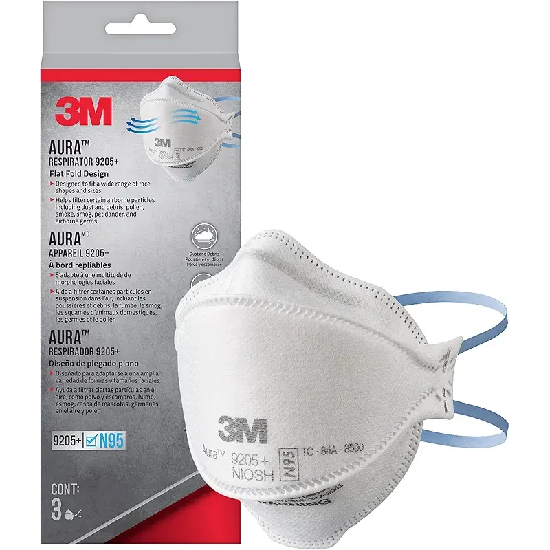 3M Aura Particulate Respirator 9205+ N95, Lightweight, 3 Panel Designed Helps Provide Comfortable and Convenient Respiratory Protection, 3-Pack